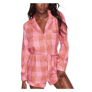Victorias Secret Flannel Romper XL Pink Plaid Long Sleeve Belted Lounge Wear PJs